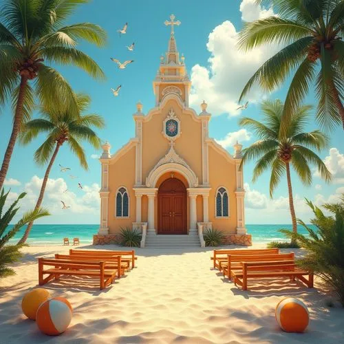 Beach church, Apricot color, warm tone, soft light, gentle waves, sandy shore, seagulls flying overhead, clear blue sky, white puffy clouds, elegant architecture, grand entrance, stained glass windows