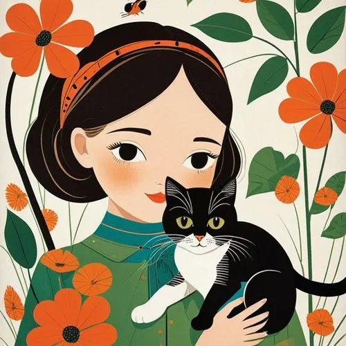 Lovely girl with cute kitten ,mari makinami,jiji the cat,cat lovers,girl with dog,shirakami-sanchi,book illustration,vintage cat,vintage illustration,janome chow,cloves schwindl inge,han thom,flower a