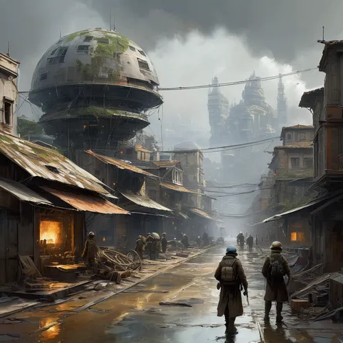 Imagine a futuristic world where advanced technology allows people to control natural disasters but faces interference from an unknown source.,post apocalyptic,post-apocalyptic landscape,destroyed cit