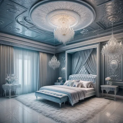 ornate room,sleeping room,interior decoration,great room,room newborn,canopy bed,interior design,guest room,bridal suite,luxury home interior,blue room,3d rendering,bedroom,modern room,luxury hotel,mo