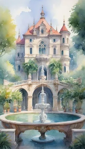 water palace,fairy tale castle,fairytale castle,istana,watercolor background,palaces,fountain,kykuit,vizcaya,garden of the fountain,fountain pond,castle of the corvin,dreamhouse,palace,villa balbianello,mansion,miramare,villate,stone palace,marble palace,Illustration,Paper based,Paper Based 17