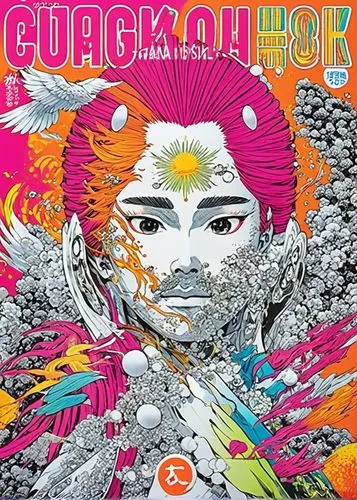 a poster that looks like a woman's face with colorful hair,cuckoo-light elke,bjork,chusok,cuckoo,cuckoos,cukurova,Illustration,Japanese style,Japanese Style 04