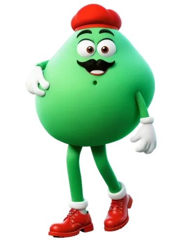 Cartoon fart character, green gas cloud, funny expression, rounded body, white gloves, red shoes, comedic posture, close-up shot, shallow depth of field, vibrant color tone, exaggerated features, 3D r