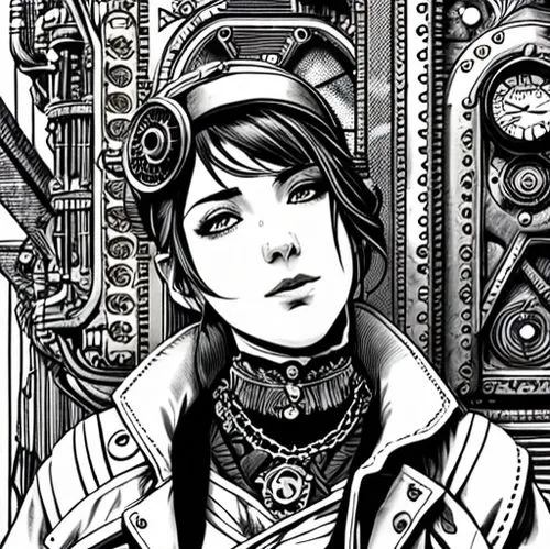 Steampunk maiden aboard a steamship ,steampunk,comic style,nico,yukio,operator,mono line art,mono-line line art,nora,cyborg,mina bird,vanessa (butterfly),morgan,minerva,juno,steampunk gears,clementine