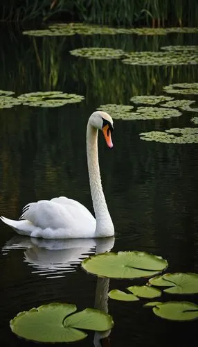 Bevy of swans, white feathers, long neck, orange beak, elegant posture, serene lake, lily pads, greenery surroundings, soft focus, warm sunlight, natural habitat, peaceful atmosphere, shallow water, r