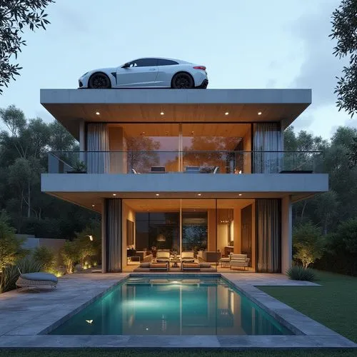  एक कर है उसके ऊपर स्विमिंग पूल है टेरेस पर,a car sitting in the back of a modern house,modern house,luxury property,modern architecture,pool house,luxury home,luxury real estate,Photography,General,R