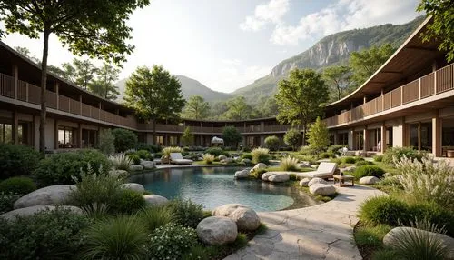 amanresorts,fallingwater,shangri,zen garden,3d rendering,tulou,alpine village,japanese zen garden,render,hushan,lefay,shangrila,luxury hotel,hotel complex,andermatt,ryokan,resort,onsen,ecovillages,house in the mountains