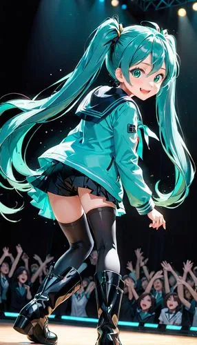 Hatsune Miku, virtual idol, long hair, twin tails hairstyle, aqua eyes, green and black stylized sailor suit, high boots, smiling, excited, memorable performance on a stage, back view, dynamic view, H