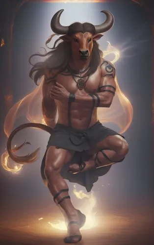 High quality realistic render of a dancing minotaur, he is turning around while he clapps standing over only one hoof, his brunette and straight hair waves as he turns around along with his tail, he h