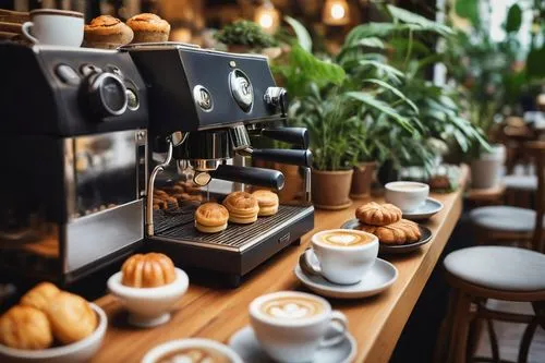 Cozy cafe interior, morning time, warm lighting, elegant wooden tables, comfortable velvet sofas, delicate porcelain cups, intricately designed coffee machines, sweet pastries on display, lush green p