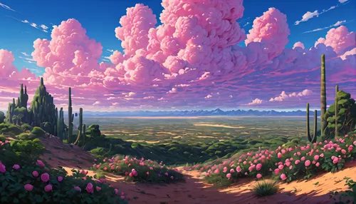 flowerful desert,desert landscape,mushroom landscape,blooming field,desert desert landscape,fantasy landscape,high landscape,landscape background,dune landscape,purple landscape,futuristic landscape,panoramic landscape,virtual landscape,landscape rose,flower field,nature landscape,paisaje,beautiful landscape,landscape,cosmos field,Illustration,Japanese style,Japanese Style 05