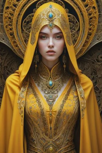 priestess,golden crown,fantasy portrait,gold filigree,jaya,fantasy art,the prophet mary,golden wreath,the enchantress,mystical portrait of a girl,emperor,mary-gold,accolade,sorceress,sacred art,vestment,suit of the snow maiden,oriental princess,heroic fantasy,golden buddha,Illustration,Realistic Fantasy,Realistic Fantasy 12