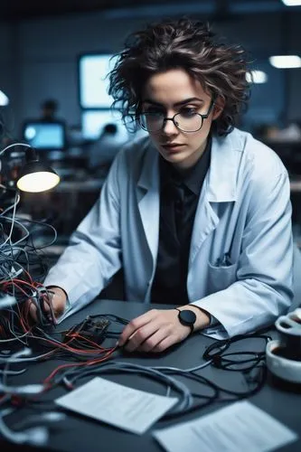 Free AI image generator, futuristic laboratory, sleek metal desk, multiple computer screens, tangled cables, scattered papers, empty coffee cups, lone researcher, messy hair, thick black-rimmed glasse