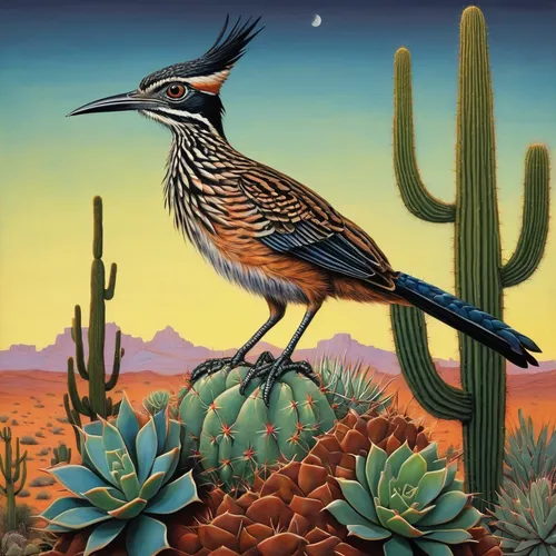 roadrunner,cactus wren,bird painting,bird illustration,sonoran desert,sonoran,arizona-sonora desert museum,an ornamental bird,tucson,nature bird,arizona,desert landscape,david bates,flower and bird illustration,colored pencil background,exotic bird,tropical bird climber,ornamental bird,perched bird,tropical bird,Illustration,Realistic Fantasy,Realistic Fantasy 05