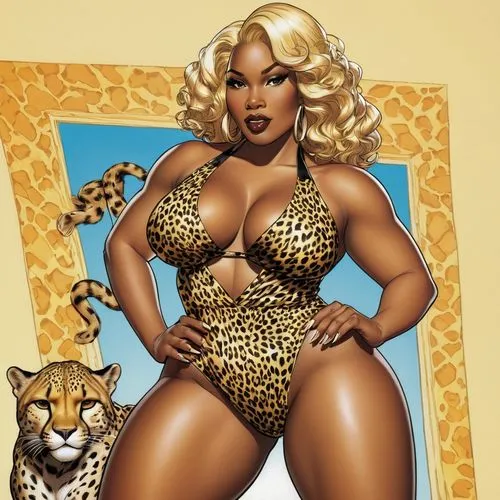 J. Scott Campbell style drawing of a bbw black woman blonde hair in platform heels and cheetah print swimsuit ,a very plump lady in a leopard print bathing suit,latrice,animal print,leopard,leopardski