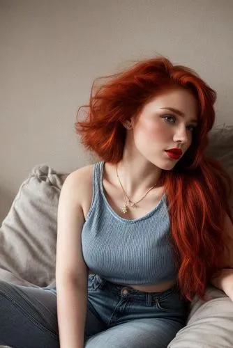 the portrait captures the majestic image of a beautiful caucasian girl, 23 years old, red hair, red lips, who now wears a blue top and mini jeans shorts sitting in a sofa in a modern living,a girl wit