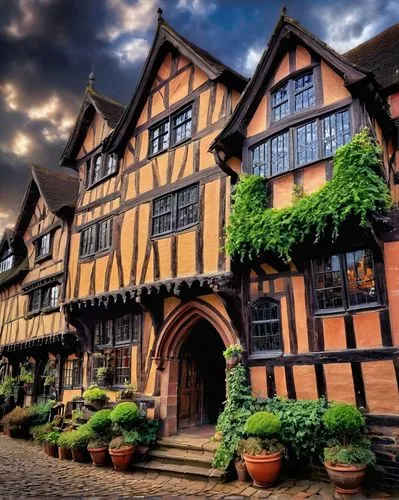 Newcastle-under-Lyme, Staffordshire, England, medieval architectural style, half-timbered Tudor building, steeply pitched roof, overhanging upper floor, ornate wooden carvings, mullioned windows, rust