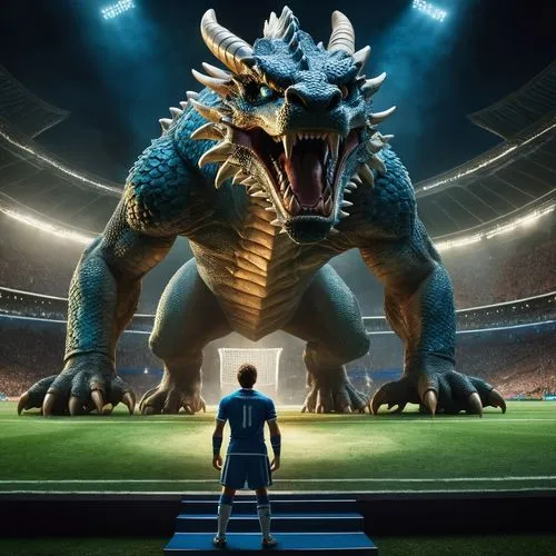 The giant soccer player prepares to face off against the powerful dragon with blue eyes its scales shimmering in the moonlight. The dragon's eyes are fixed on the throne, and its roar echoes through t