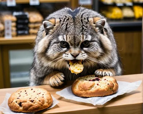 A manul eating scone in store,pallas cat,american bobtail,tabby cat,chartreux,knead,european shorthair,american wirehair,silver tabby,british shorthair,malt loaf,kurilian bobtail,brindle cat,lebkuchen