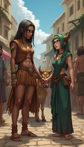 Draw in anime style: A Byzantine city marketplace. The people in the background are wearing Byzantine clothing. A barefoot, mean-looking Polynesian girl, with good muscle tone, ebony tan, wearing an u