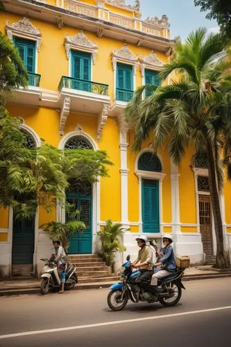 French colonial architecture, Vietnam, Hanoi or Ho Chi Minh city, grandiose building, intricate details, ornate facades, balconies with iron railings, yellow and white walls, red-tiled roofs, palm tre