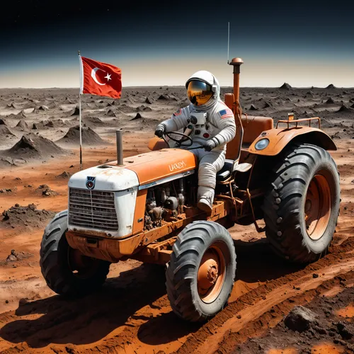 Depict a scene with photorealistic quality: An astronaut is driving an old, worn-out orange tractor on the dusty and slightly muddy lunar surface. The astronaut is in a traditional space suit, complet