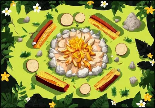 a colorful digital painting of a plant surrounded by  dogs and mushrooms,chrysanthemum background,wood daisy background,flowers in wheel barrel,spring leaf background,wreath vector,blooming wreath,flo