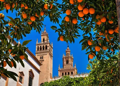 The Giralda Tower seen from between the orange trees that line the Seville Cathedral's courtyard,seville,jaffa,sevilla tower,toledo spain,marrakech,tangerines,orange tree,malaga,andalusia,modena,valen