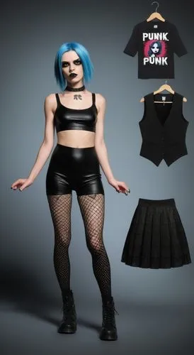 Paper doll 2d cartoon punk blue haired girl in black sleeveless shirt , black spandex shorts, complete full length fishnet and black punk knee Boots, standing surrounded by with a set of punk fashion 