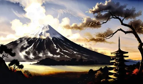 Mount Fuji and Pagoda,a painting of a mountain and the sky at sunset,volcanic landscape,mountain scene,volcanoes,stratovolcanoes,mountain world,mayon,Illustration,Paper based,Paper Based 30