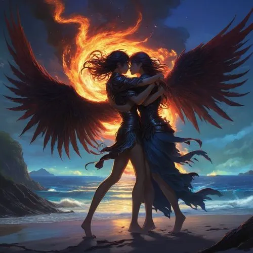 angel and devil,fire angel,winged heart,angelfire,fenix,angels of the apocalypse,pheonix,harpies,uniphoenix,phoenixes,phoenix,dark angel,black angel,fallen angel,firehawks,loving couple sunrise,bird couple,anjo,phenix,jatayu,Illustration,Realistic Fantasy,Realistic Fantasy 03