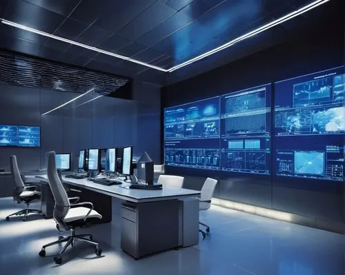 Modern corporate building, sleek glass and steel structure, futuristic interior design, rows of computer screens, network diagrams projected on walls, multiple access levels, biometric authentication,