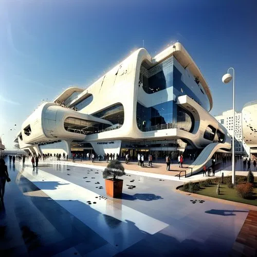 Exterior, Shopping mall, Zaha hadid,a huge white building with a black window,morphosis,futuristic art museum,mabhida,futuroscope,dongdaemun,futuristic architecture