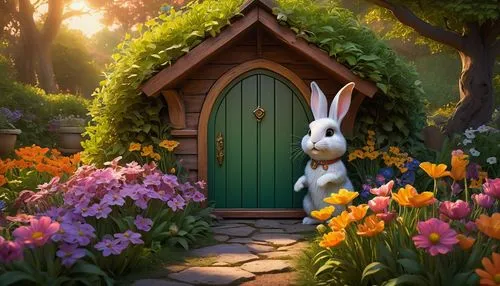 fairy door,garden door,lapine,cartoon rabbit,hare trail,bunny on flower,Conceptual Art,Fantasy,Fantasy 17