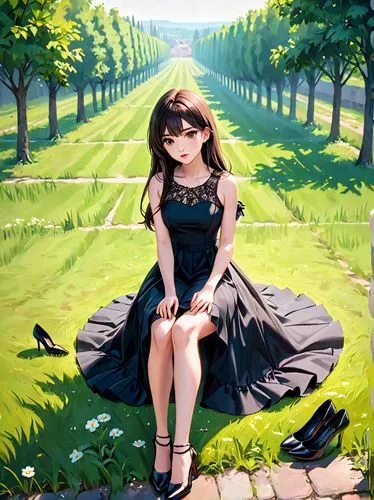 dress walk black,country dress,girl lying on the grass,yamada's rice fields,anime japanese clothing,girl in a long,cd cover,girl in the garden,tsumugi kotobuki k-on,black maple,girl with tree,art painting,cover,blooming field,rosa ' amber cover,landscape background,fashion vector,gothic dress,springtime background,countrygirl,Anime,Anime,General