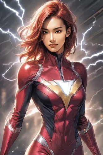  Heavy makeup, messy dyed hair, angular cheekbones, small eyes, thin lips, low nose, upper body,the hero is standing on a thunder background,chungli,solar,natashquan,markswoman,lightning,rajawongse,Di