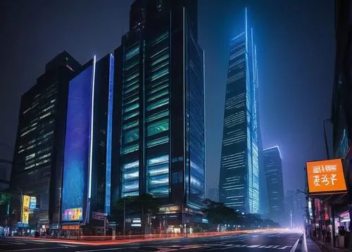 Modern futuristic skyscraper, sleek metallic exterior, reflective glass windows, intricate structural details, angular lines, vibrant neon lights, Tokyo cityscape, night scene, misty atmosphere, cinem