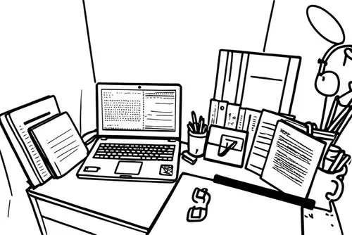 the drawing shows a computer and books on a desk,workspaces,workspace,working space,office line art,workstation,telecommuter,Design Sketch,Design Sketch,Rough Outline