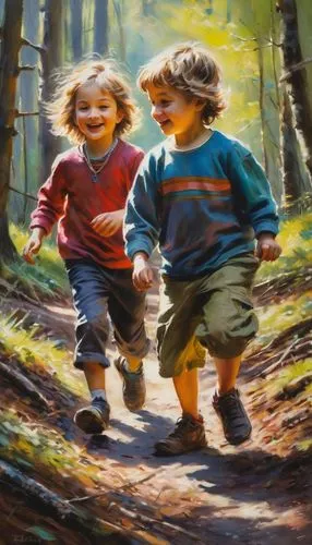 happy children playing in the forest,children's background,girl and boy outdoor,walk with the children,children playing,oil painting on canvas,kids illustration,oil painting,little boy and girl,children,children play,children drawing,vintage children,little girls walking,gekas,children learning,forest walk,childhood friends,children's hands,hikers,Conceptual Art,Oil color,Oil Color 09