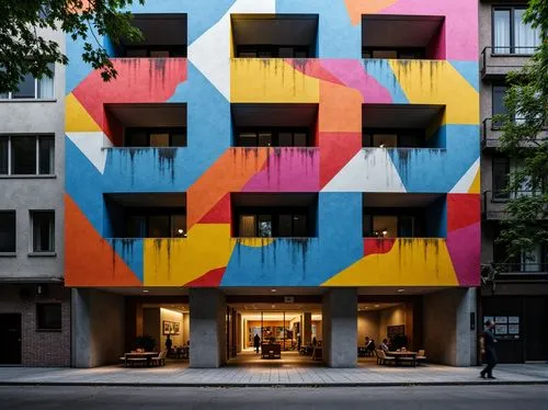 colorful facade,mondriaan,vasarely,hejduk,cubic house,kimmelman,facade painting,mondrian,cube house,munari,apartment building,maser,apartment block,lewitt,andaz,mutina,depero,corbu,painted block wall,edificio