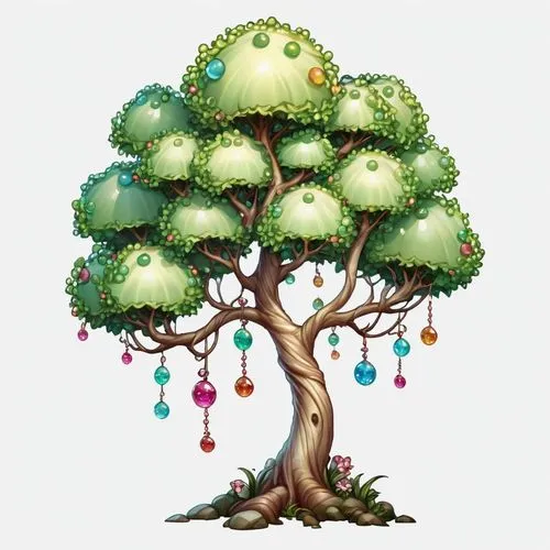 2d side sprite of a gumdrop tree, transparent background,a green tree with different colored ornaments hanging from it's trunk,tree mushroom,flourishing tree,zoombinis,yggdrasil,hokka tree,celtic tree