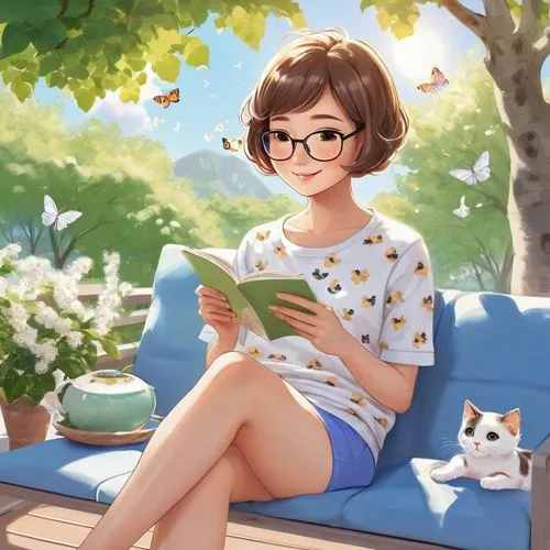 relaxing reading,girl studying,little girl reading,reading,reading glasses,summer day,reading owl,bookworm,librarian,idyllic,author,child with a book,read a book,kids illustration,girl drawing,readers,summer evening,coffee and books,summer feeling,with glasses,Illustration,Japanese style,Japanese Style 01