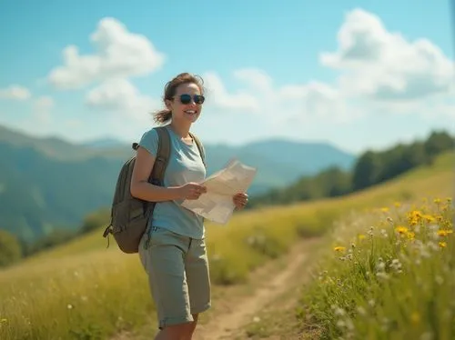 Tourist, happy smile, casual outfit, sunglasses, holding map, backpack, walking, scenic viewpoint, rolling hills, lush green grass, blooming wildflowers, sunny day, clear blue sky, fluffy white clouds