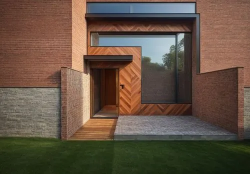 APPARENT BRICK CLADDING, SMOKE GLASS WINDOWS, WOODEN DOOR.,an open door with a brown brick building in the background,corten steel,adjaye,kundig,cubic house,brick house,the threshold of the house,Phot