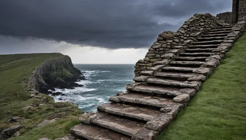 A crumbling stone stairway overlooking the stormy sea.,winding steps,neist point,gordon's steps,stone stairway,stairway to heaven,stone stairs,ireland,orkney island,northern ireland,botallack mine,ter