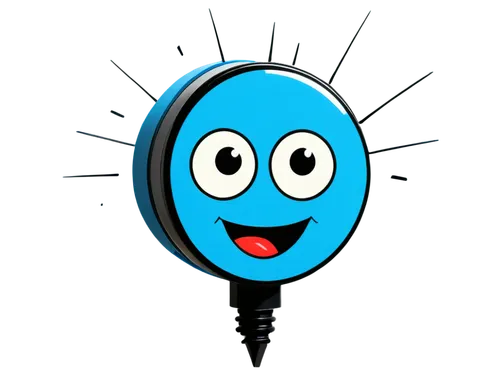 Cartoon plug, colorful, round body, smiling face, shiny surface, metallic material, bright blue eyes, black outline, dynamic pose, energetic expression, exaggerated features, comic style, warm lightin