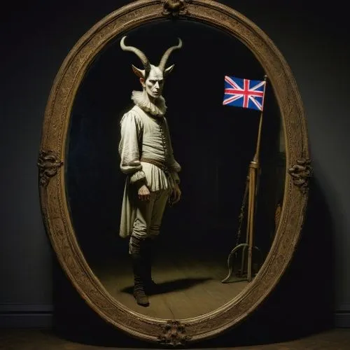 A newfoundland flag ,an unusual reflection is displayed in a large round frame,hindmarch,magic mirror,tussaud,cernunnos,britan,quixotic