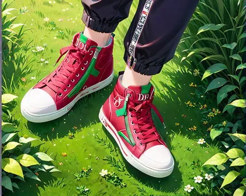 converse,garden shoe,sneakers,sneaker,spring background,springtime background,on the grass,grass,trainers,green grass,red green,green summer,shoes icon,red and green,red shoes,blooming grass,floral mockup,outdoor shoe,chucks,girl picking flowers,Anime,Anime,Realistic