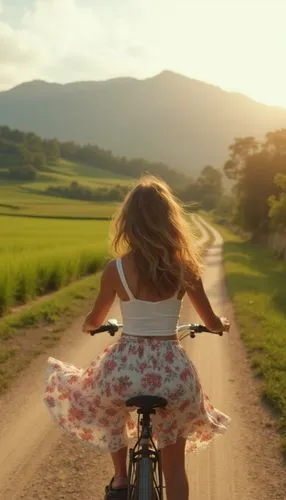 

A candid and spontaneous photograph of a woman riding a bicycle on a picturesque rural road. Seen from behind, she wears a whitesleeveless crop-top and a floral skirt that billows in the wind. The s