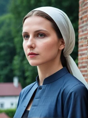 Theresa von Kalkutta,the woman in the turban is standing by a brick wall,novitiate,nunsense,nun,postulant,prioress,romanian orthodox,Photography,General,Realistic